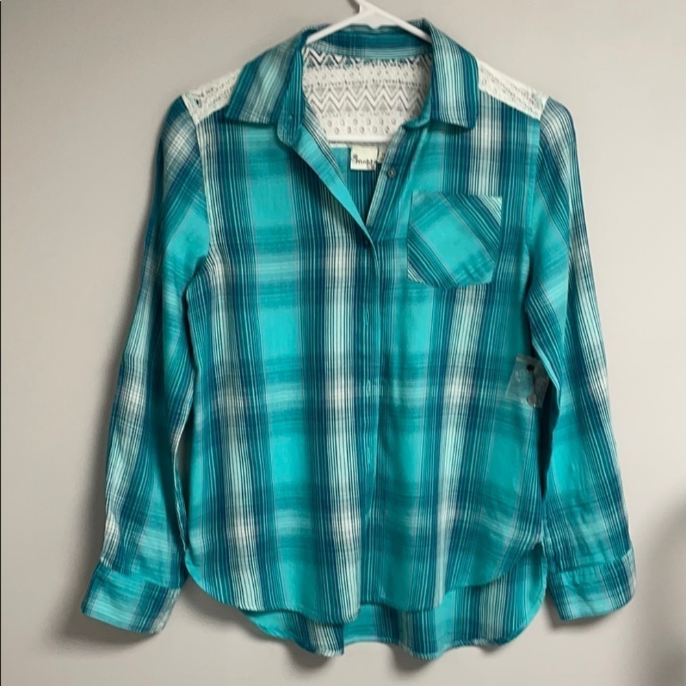 Mudd, teal & white plaid with lace shirt / top, Not bulky Flannel 14, NWOT